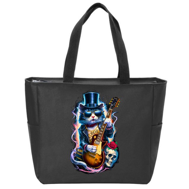 80S 90S Rock Band Concert Meaningful Gift Cat Playing Guitar Rock And Roll  Zip Tote Bag