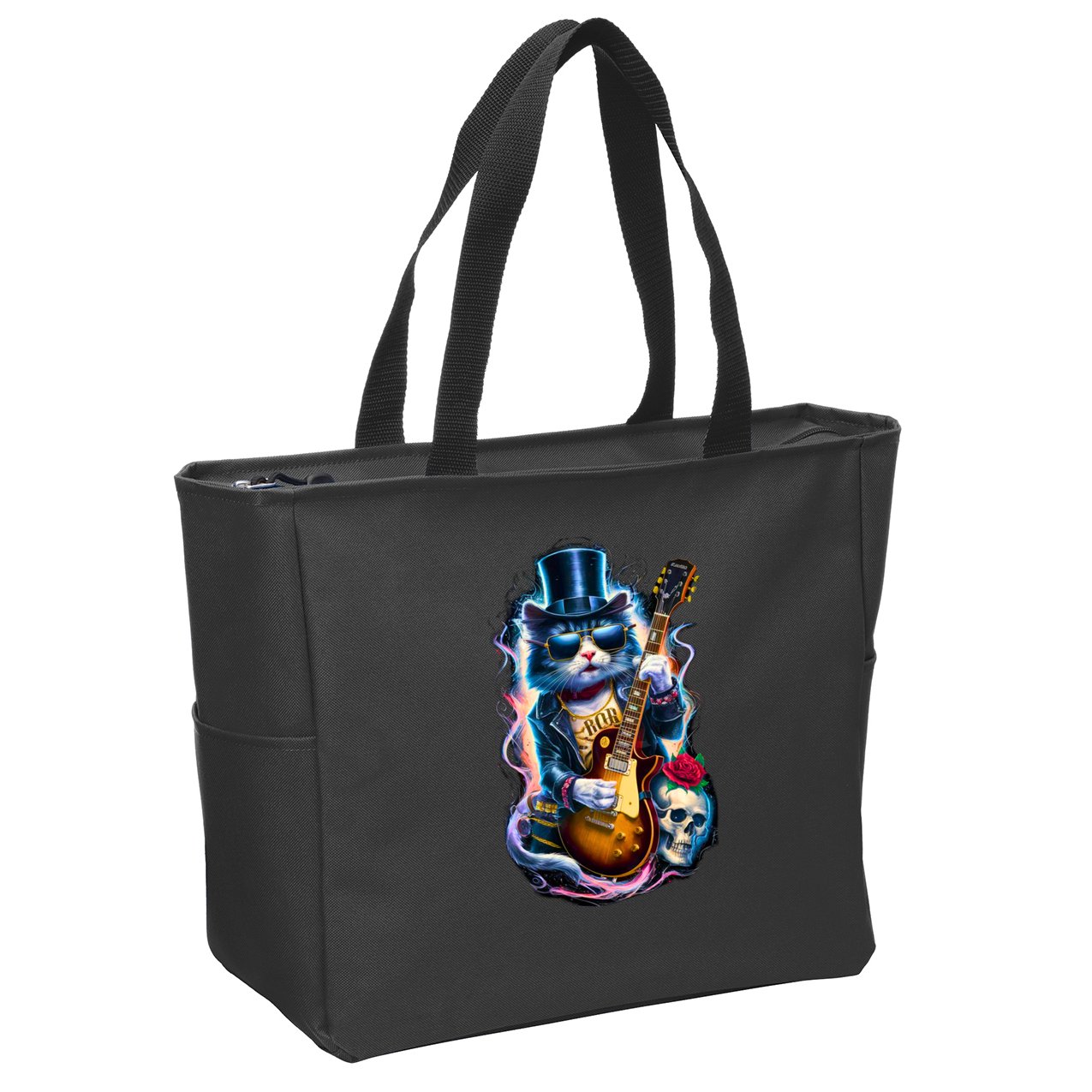 80S 90S Rock Band Concert Meaningful Gift Cat Playing Guitar Rock And Roll  Zip Tote Bag