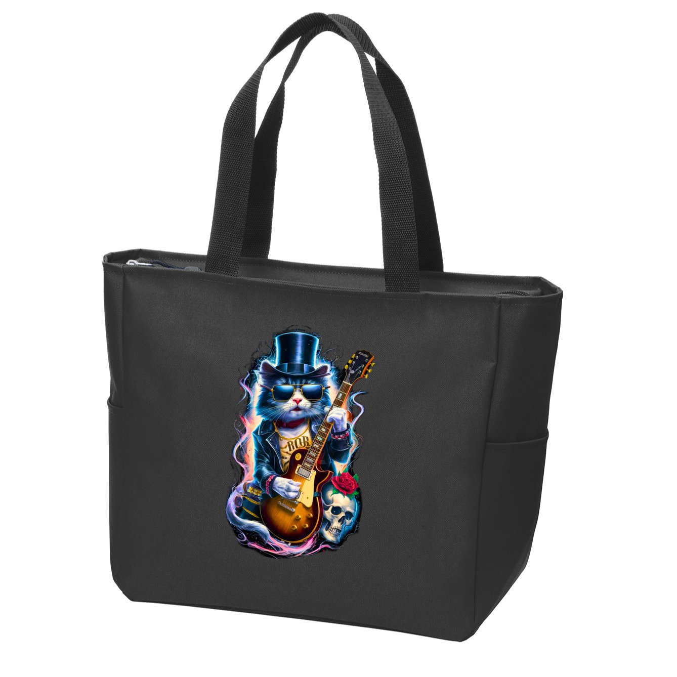 80S 90S Rock Band Concert Meaningful Gift Cat Playing Guitar Rock And Roll  Zip Tote Bag