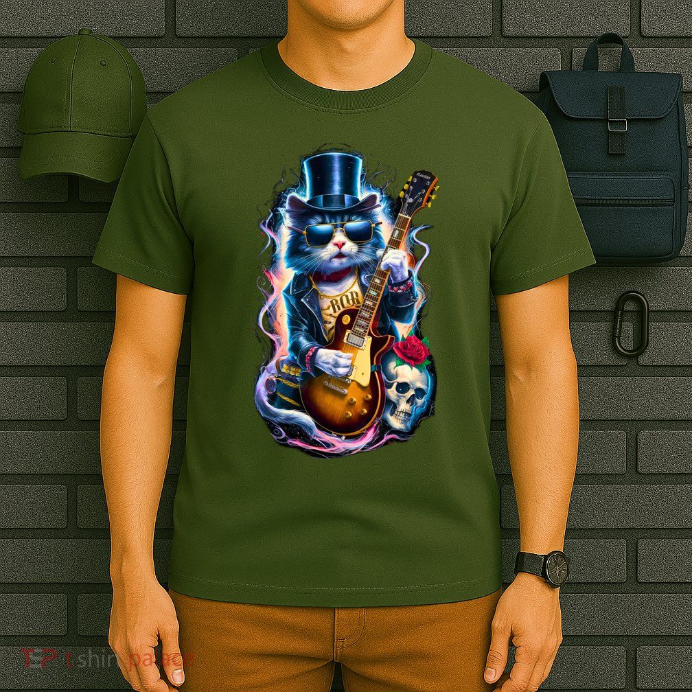 80S 90S Rock Band Concert Meaningful Gift Cat Playing Guitar Rock And Roll  T-Shirt