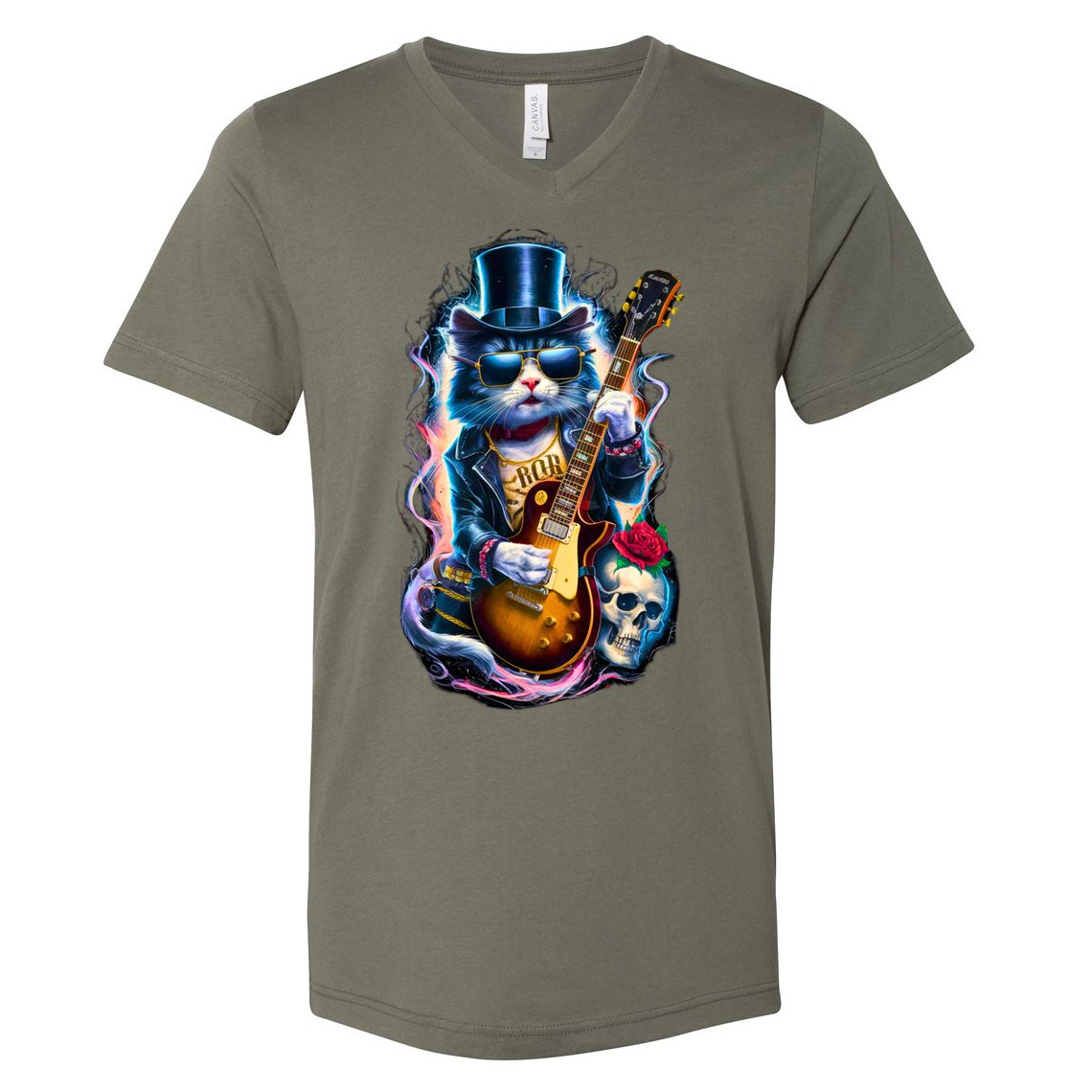 80S 90S Rock Band Concert Meaningful Gift Cat Playing Guitar Rock And Roll  V-Neck T-Shirt