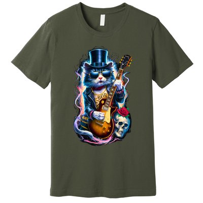80S 90S Rock Band Concert Meaningful Gift Cat Playing Guitar Rock And Roll  Premium T-Shirt