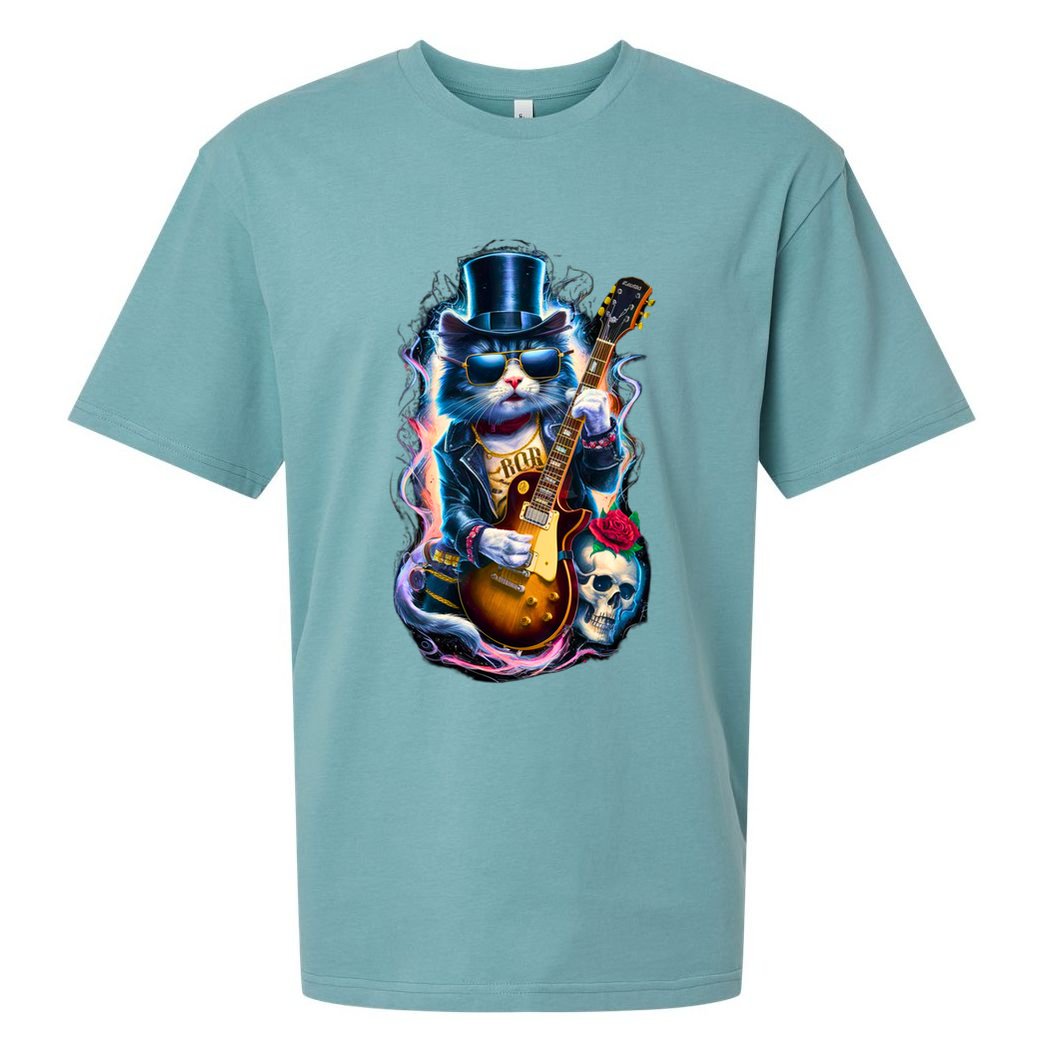 80S 90S Rock Band Concert Meaningful Gift Cat Playing Guitar Rock And Roll  Sueded Cloud Jersey T-Shirt