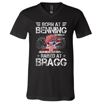 82nd Airborne Division Born At Ft Benning Raised Fort Bragg V-Neck T-Shirt