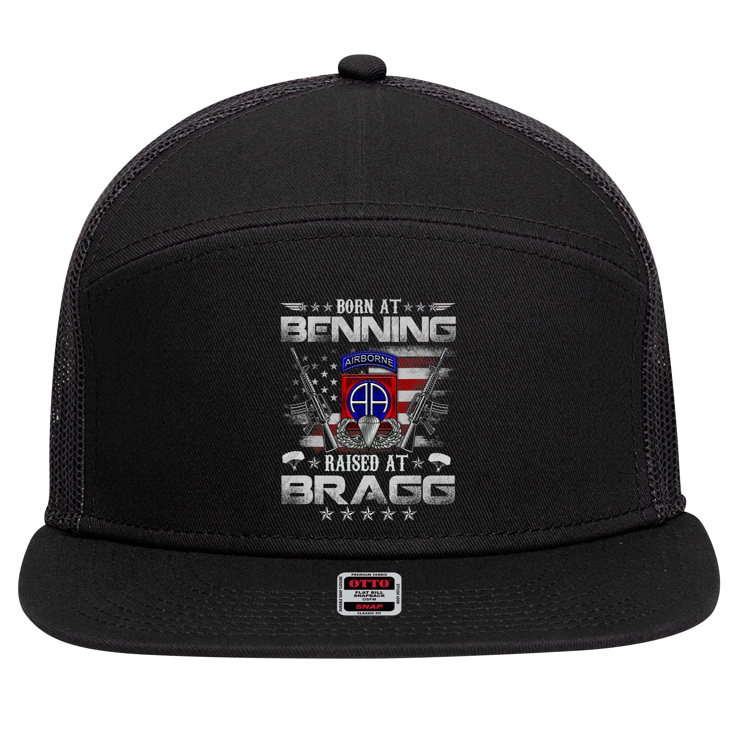 82nd Airborne Division Born At Ft Benning Raised Fort Bragg 7 Panel Mesh Trucker Snapback Hat