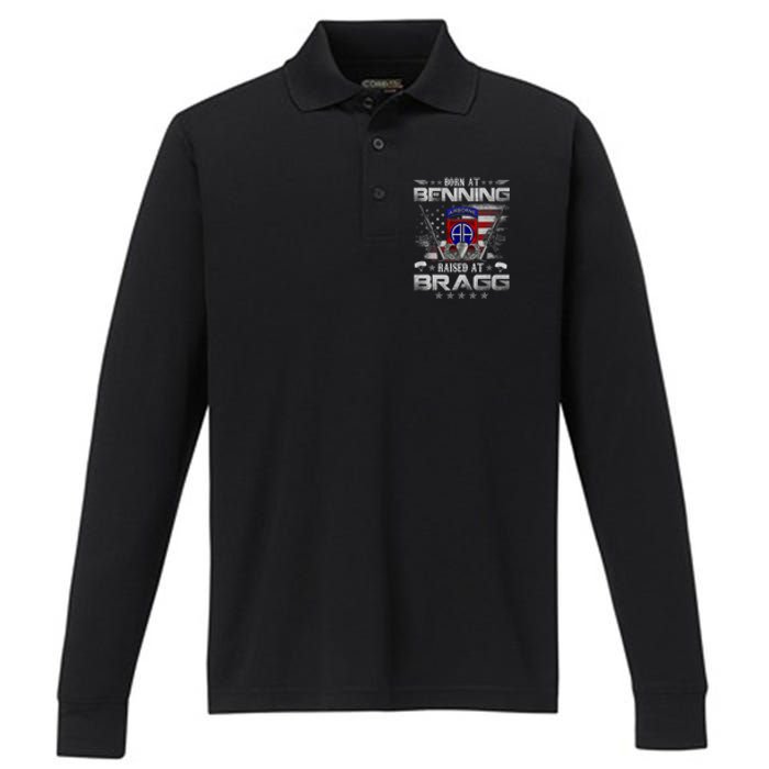 82nd Airborne Division Born At Ft Benning Raised Fort Bragg Performance Long Sleeve Polo