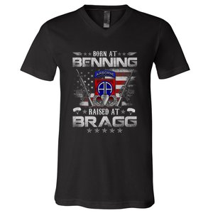 82nd Airborne Division Born At Ft Benning Raised Fort Bragg V-Neck T-Shirt