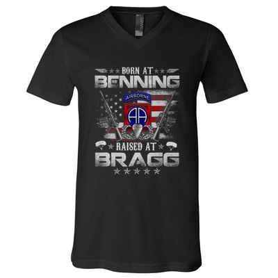 82nd Airborne Division Born At Ft Benning Raised Fort Bragg V-Neck T-Shirt