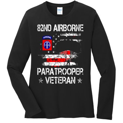 82nd Airborne Paratrooper Veteran Flag Veterans Day Ladies Long Sleeve Shirt