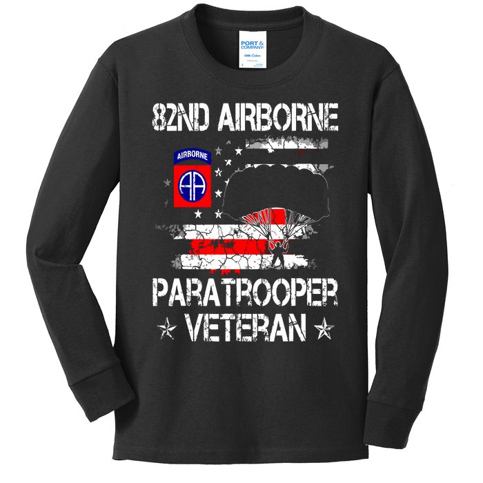 82nd Airborne Paratrooper Veteran Flag Veterans Day Kids Long Sleeve Shirt