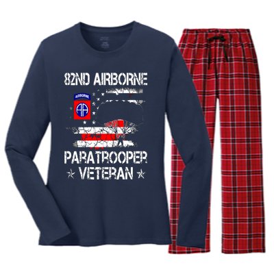 82nd Airborne Paratrooper Veteran Flag, Veterans Day Women's Long Sleeve Flannel Pajama Set 