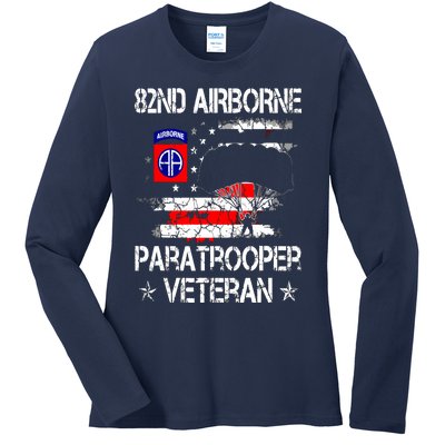 82nd Airborne Paratrooper Veteran Flag, Veterans Day Ladies Long Sleeve Shirt