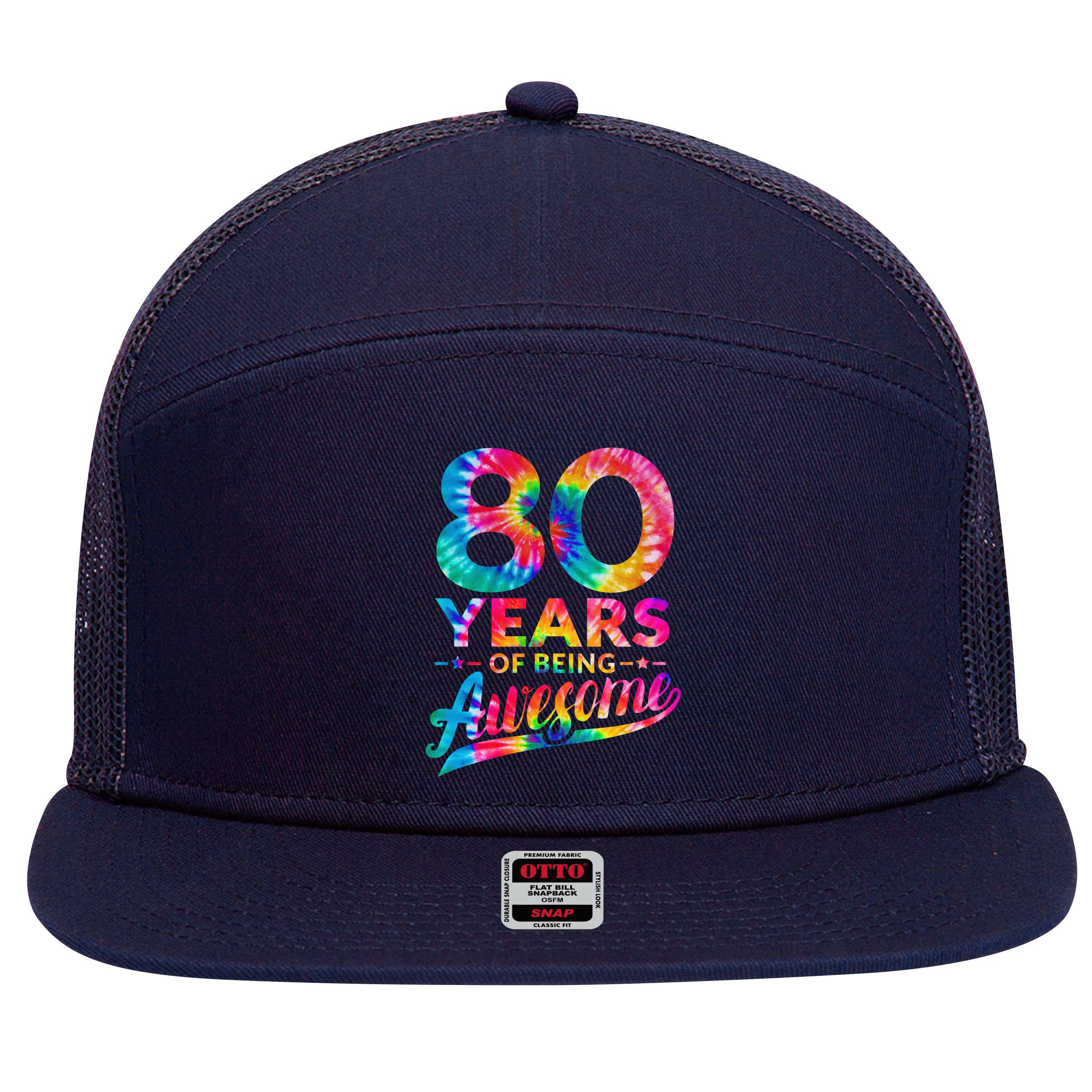 80th Birthday 80 Years Old Tie Dye Awesome 7 Panel Mesh Trucker Snapback Hat