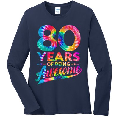 80th Birthday 80 Years Old Tie Dye Awesome Ladies Long Sleeve Shirt