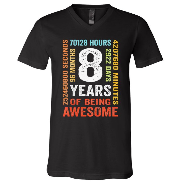 8th Birthday 8 Years Old Vintage Retro 96 Monthsss V-Neck T-Shirt