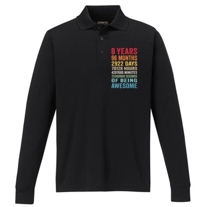 8th Birthday 8 Years Old Vintage Retro 96 Months Performance Long Sleeve Polo