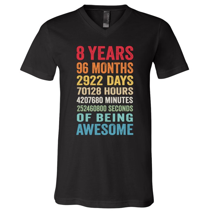 8th Birthday 8 Years Old Vintage Retro 96 Months V-Neck T-Shirt