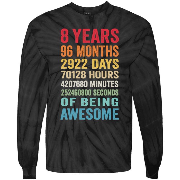 8th Birthday 8 Years Old Vintage Retro 96 Months Tie-Dye Long Sleeve Shirt