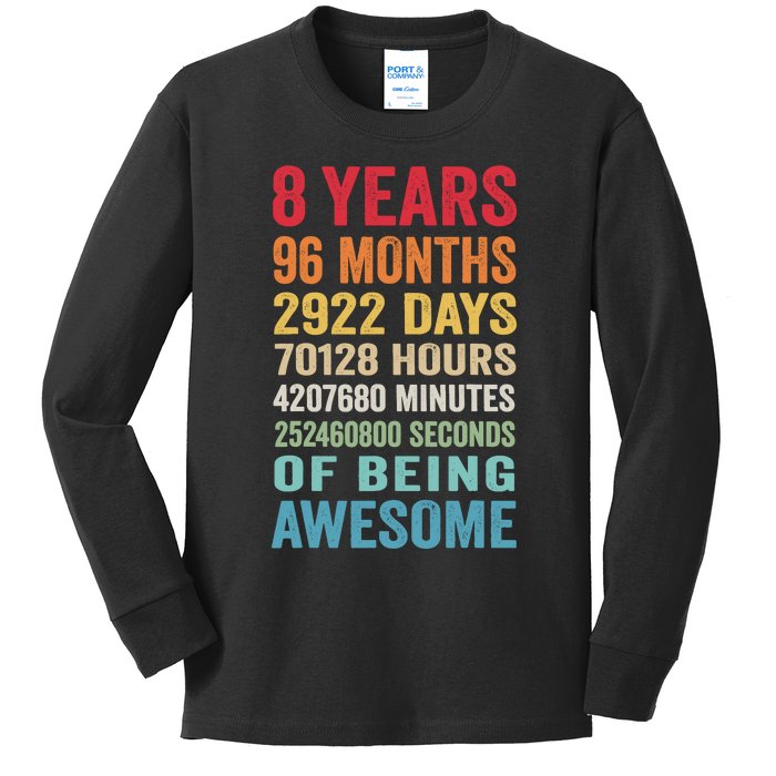 8th Birthday 8 Years Old Vintage Retro 96 Months Kids Long Sleeve Shirt