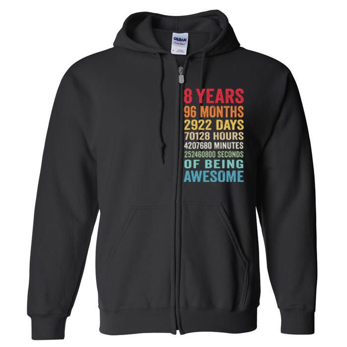 8th Birthday 8 Years Old Vintage Retro 96 Months Full Zip Hoodie