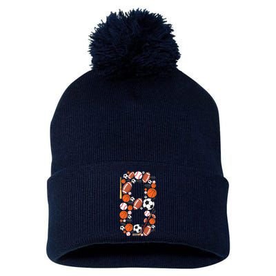 8th Birthday 8 Years Old Sports Baller Pom Pom 12in Knit Beanie