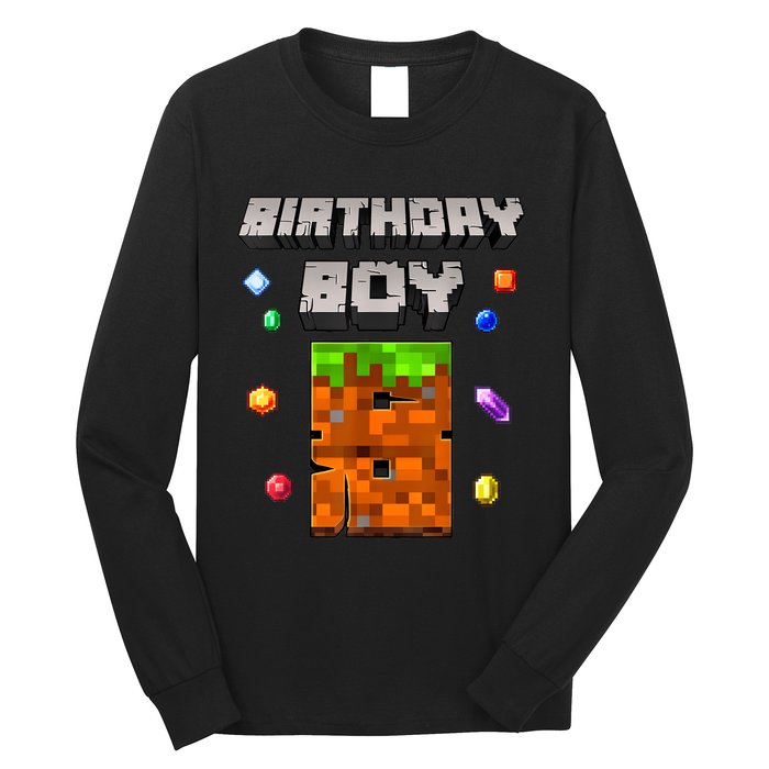 8th Birthday Boy 8 Video Garner Pixel Number Eight Bday Party Long Sleeve Shirt