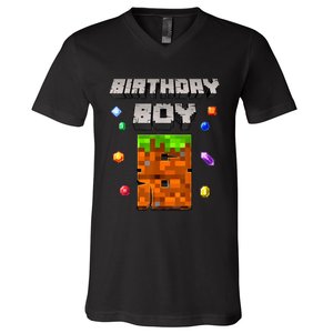 8th Birthday Boy 8 Video Garner Pixel Number Eight Bday Party V-Neck T-Shirt