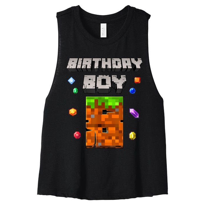 8th Birthday Boy 8 Video Garner Pixel Number Eight Bday Party Women's Racerback Cropped Tank