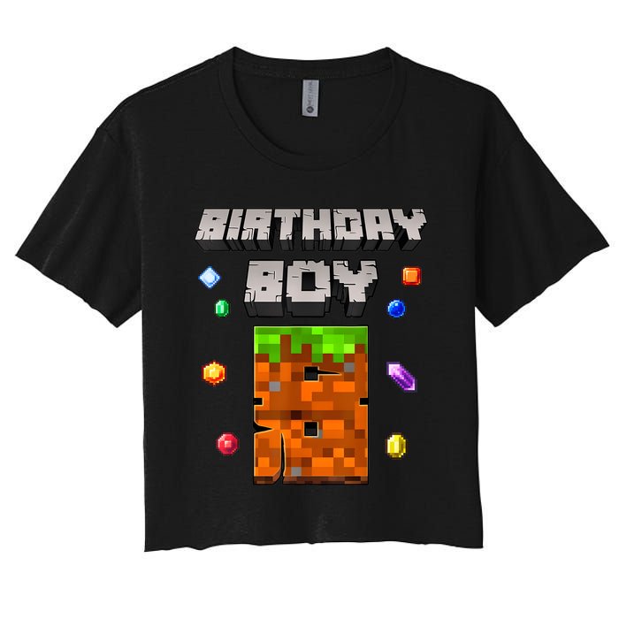 8th Birthday Boy 8 Video Garner Pixel Number Eight Bday Party Women's Crop Top Tee