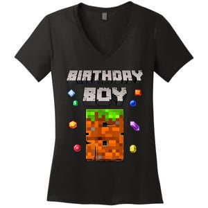 8th Birthday Boy 8 Video Garner Pixel Number Eight Bday Party Women's V-Neck T-Shirt