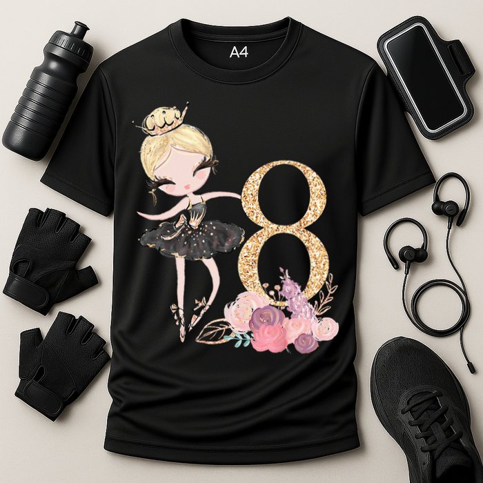 8th Birthday Ballerina Dancer Ballet Black Tutu Cooling Performance Crew T-Shirt