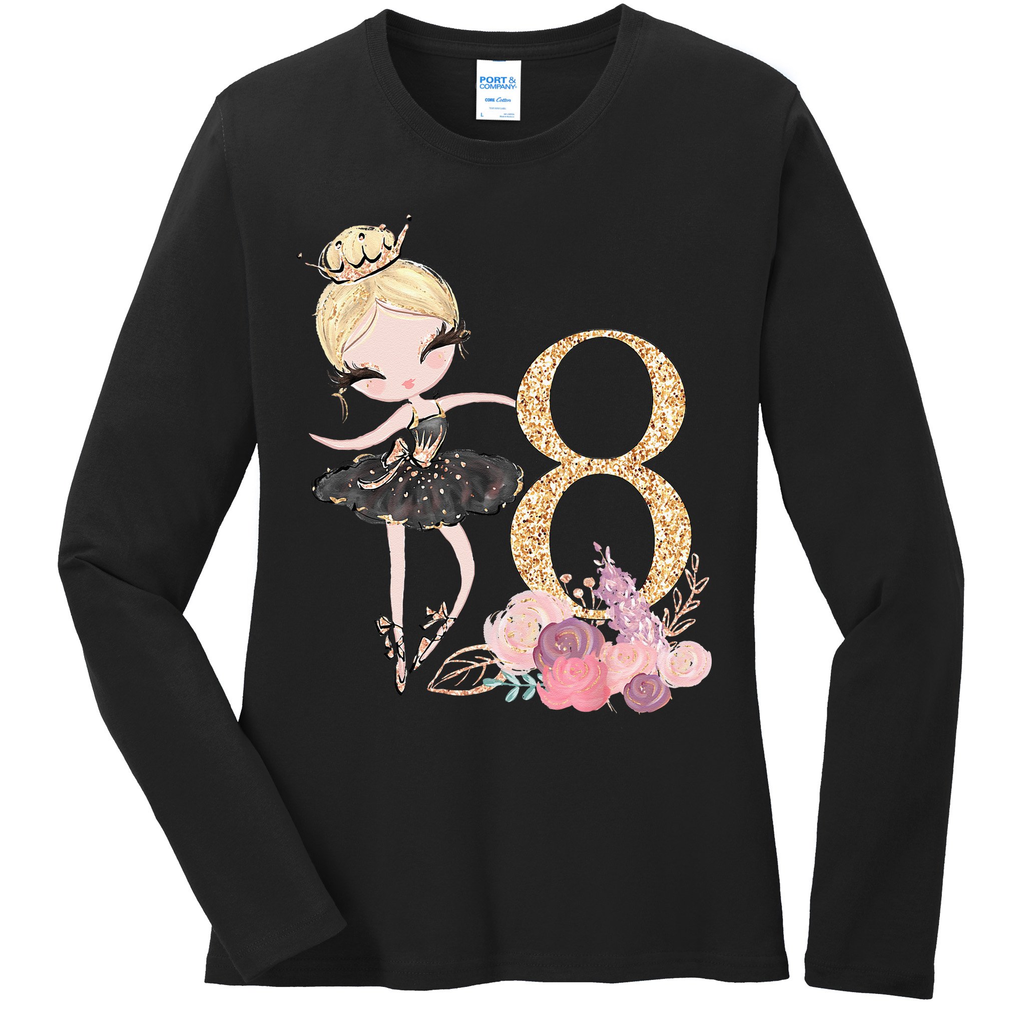 8th Birthday Ballerina Dancer Ballet Black Tutu Ladies Long Sleeve Shirt