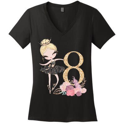 8th Birthday Ballerina Dancer Ballet Black Tutu Women's V-Neck T-Shirt