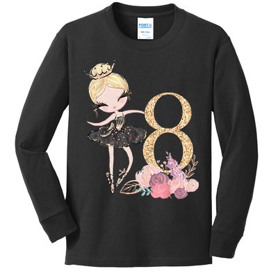8th Birthday Ballerina Dancer Ballet Black Tutu Kids Long Sleeve Shirt
