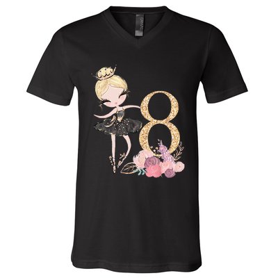 8th Birthday Ballerina Dancer Ballet Black V-Neck T-Shirt