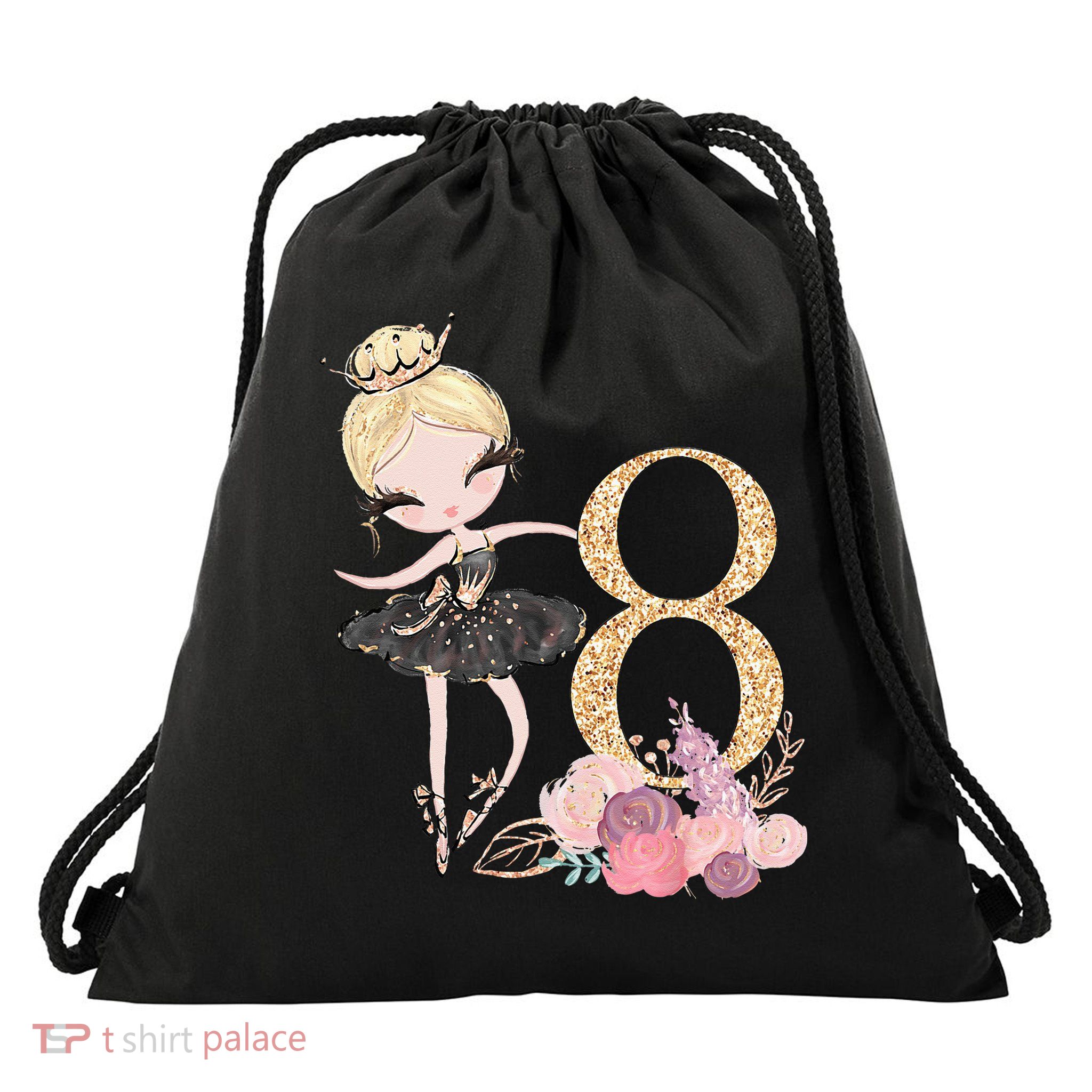 8th Birthday Ballerina Dancer Ballet Black Drawstring Bag