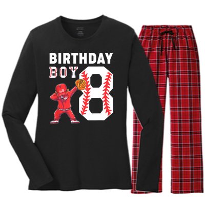 8th Birthday Boy Baseball Player Women's Long Sleeve Flannel Pajama Set 