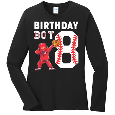 8th Birthday Boy Baseball Player Ladies Long Sleeve Shirt