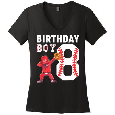 8th Birthday Boy Baseball Player Women's V-Neck T-Shirt