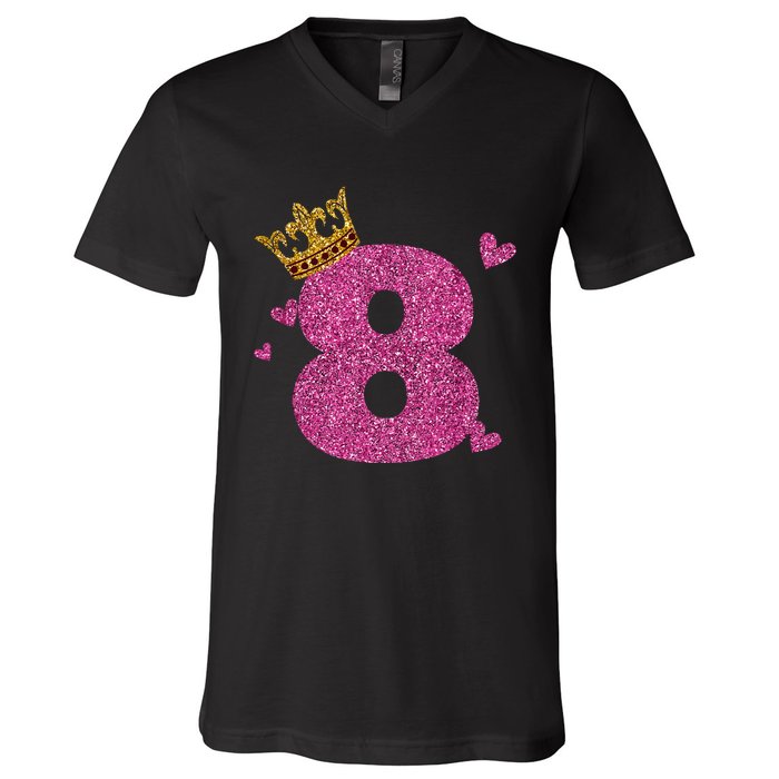 8th Birthday Crown 8 Years Old Bday V-Neck T-Shirt