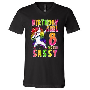 8th Birthday Dabbing Unicorn 8 Years Old & Still SASSY V-Neck T-Shirt