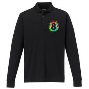 8th Birthday For 8 Paint Splashes Performance Long Sleeve Polo