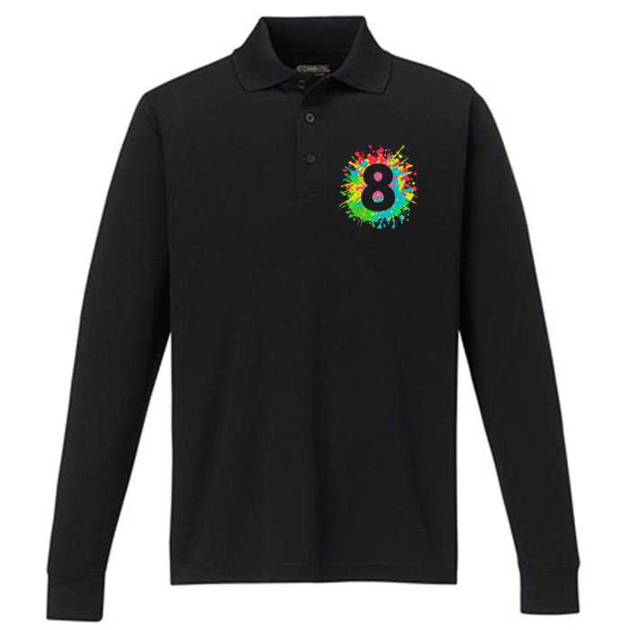 8th Birthday For 8 Paint Splashes Performance Long Sleeve Polo