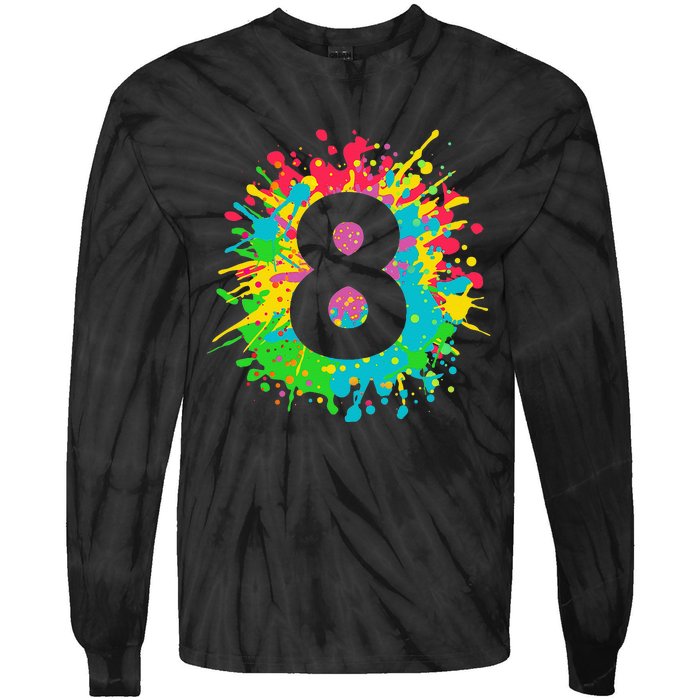 8th Birthday For 8 Paint Splashes Tie-Dye Long Sleeve Shirt