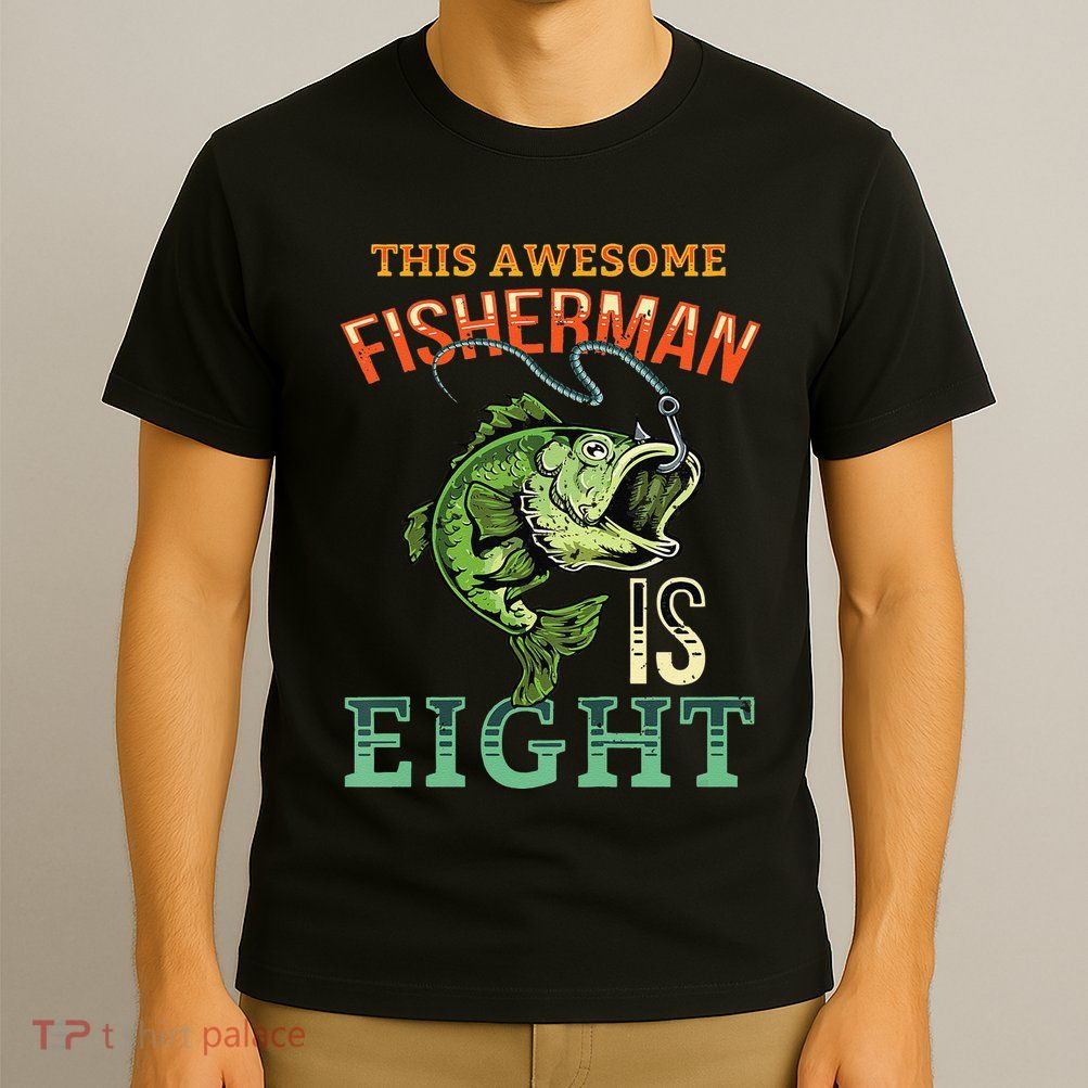 8th Birthday Fishing Gift Bass Fish Bday Party Fisherman T-Shirt