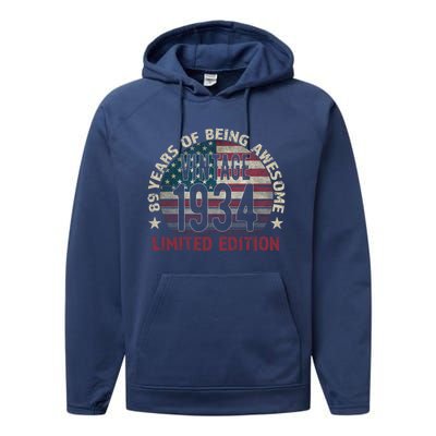 89th Birthday Gift Vintage 1934 89 Years Old Usa Flag Cool Gift Performance Fleece Hoodie