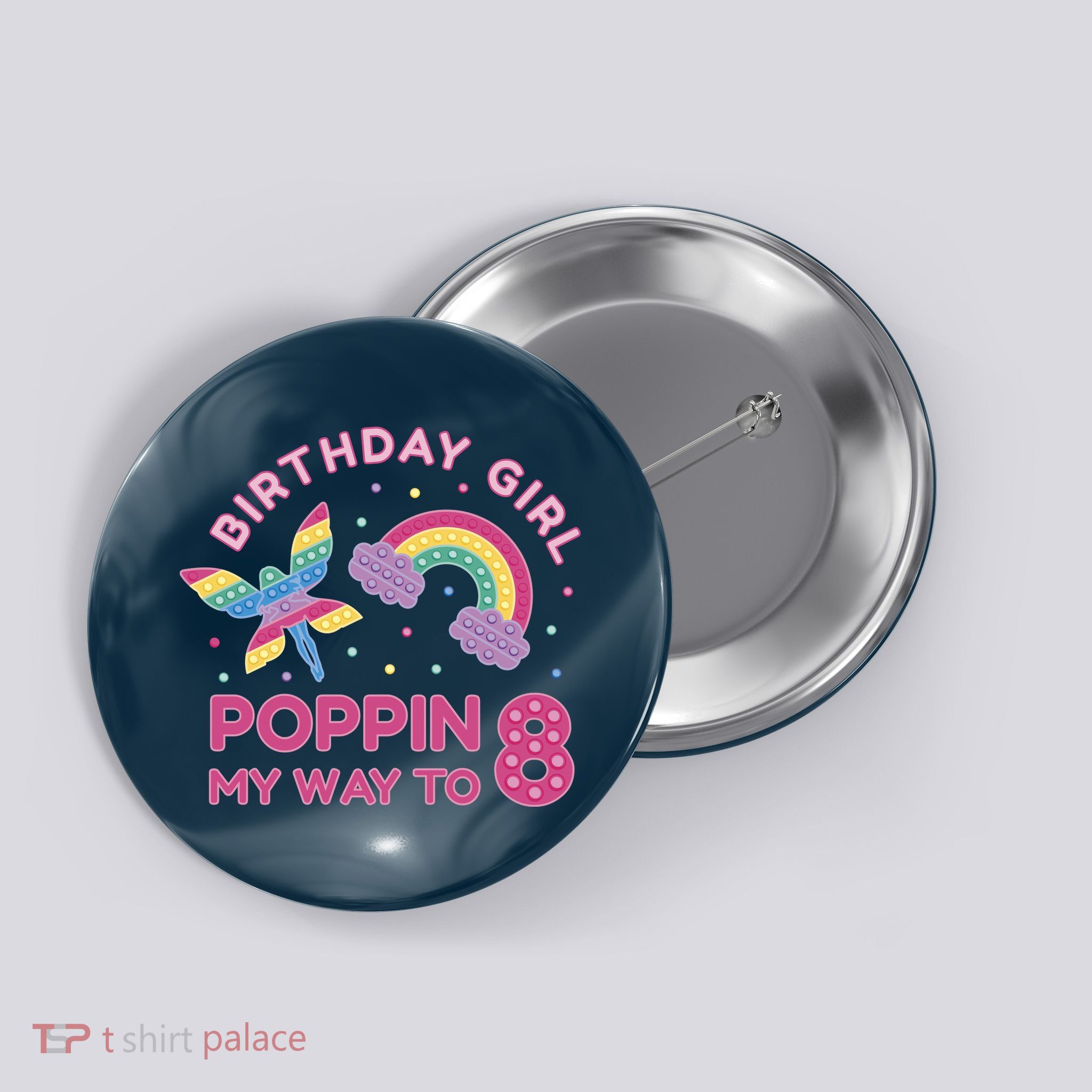 8th Birthday Girl Fairy Rainbow Button