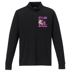 8th Birthday Girl Unicorn Eight Year Old Performance Long Sleeve Polo