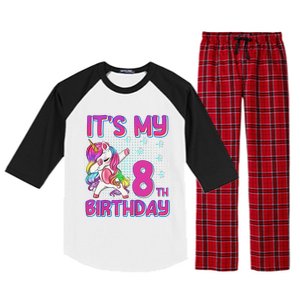 8th Birthday Girl Unicorn Eight Year Old Raglan Sleeve Pajama Set