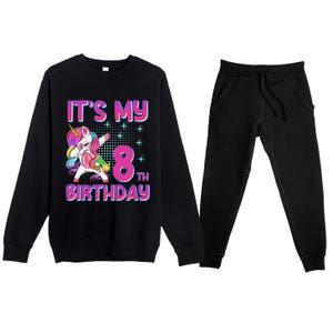 8th Birthday Girl Unicorn Eight Year Old Premium Crewneck Sweatsuit Set